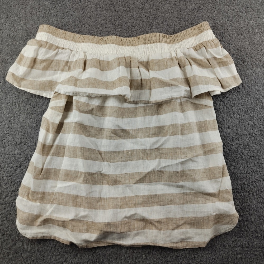 Saks Fifth Avenue Linen Off The Shoulder Ruffle Blouse Tan White Striped Small